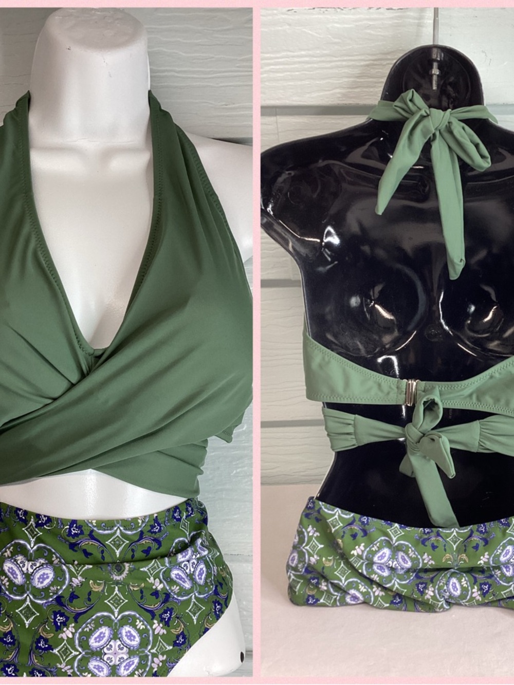 Women’s Olive Green Halter Wrap Swim Top and High-Waist Bottoms51 - Picture 3 of 6